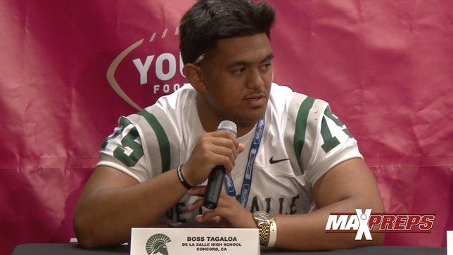 De La Salle's (Concord, CA) press conference featuring defensive backs / running backs coach Nathan Kenion, four-star defensive tackle Boss Tagaloa, four-star defensive end Devin Asiasi, and senior running backs Antoine Custer and Andrew Hernandez.