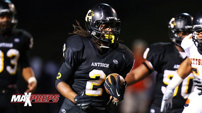 http://www.maxpreps.com/athlete/najee-harris/VfxxkCx2EeOZXQAmVebBJg/gendersport/football-stats.htm

Antioch's (CA) 6'3 200 pound sophomore running back had a huge day rushing for nearly 400 yards in a 50-26 win against San Leandro (CA) in the first round of the CIF D1 North Coast section playoffs.
