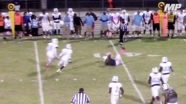 South Florence's (SC) Freddy Sparks picks this ball off after the receiver kicks it in the air and Sparks takes it back for the score.