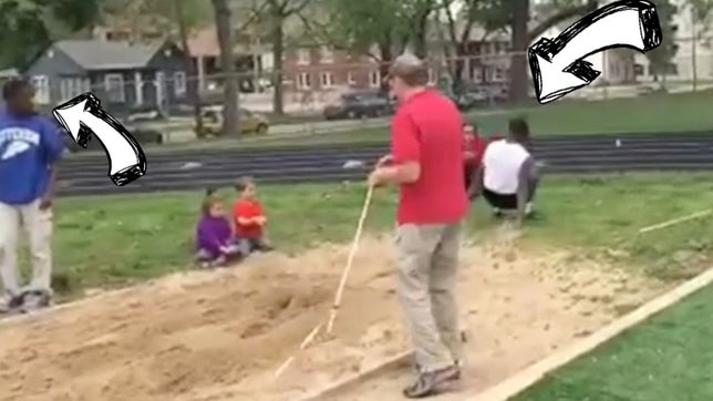 8th grader David B. Emuze of Springfield Ball Charter School (Illinois). Emuze performed a 17 foot, 10-inch long jump, and topped it off with an acrobatic front flip.
