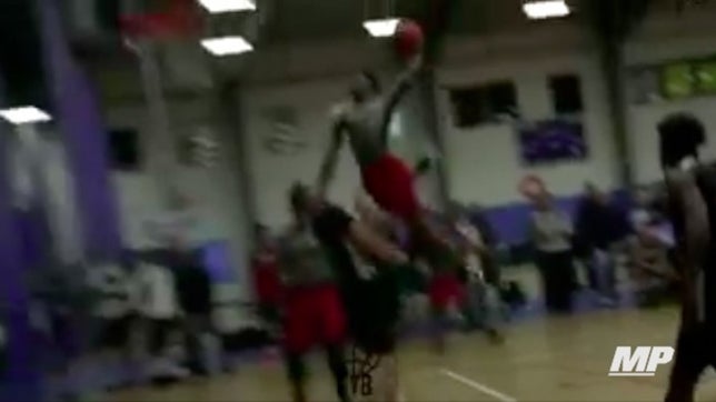 Chauncey Cheeks of Cathedral (MA) is hungry to start his senior year. He takes flight here at the New England Hoops Festival. Courtesy: @joelgiroux_GYB
