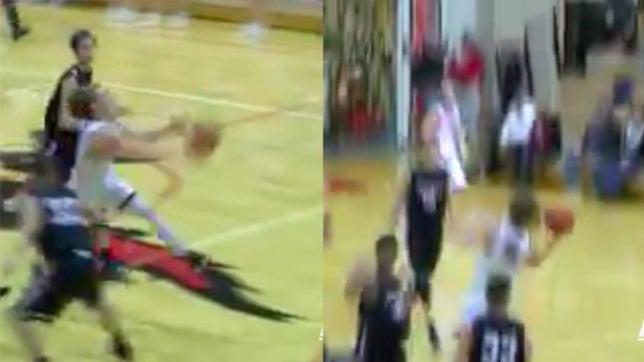 Cooper Bybee of Edgewood (Ellettsville, IN) hits not one, but two unbelievable buzzer-beaters in one contest. One via a one-handed, underhanded, and the second one-handed while falling away.