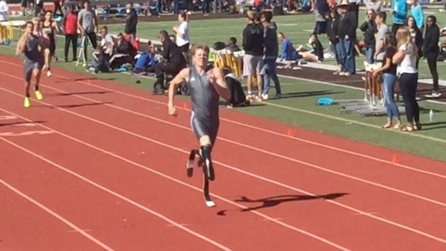 Hunter Woodhall of Syracuse (UT) has two prosthetic legs, but he amazingly set the Utah state record for the 400-meter dash with a time of 46.56 seconds.