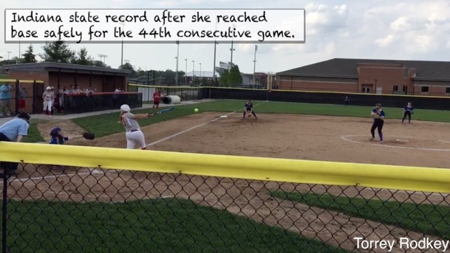 Ashton Slone of Plainfield (IN) set the Indiana state record after reaching base safely for the 44th consecutive game. Through 18 games, she's hitting for a ridiculous .735 batting average.
