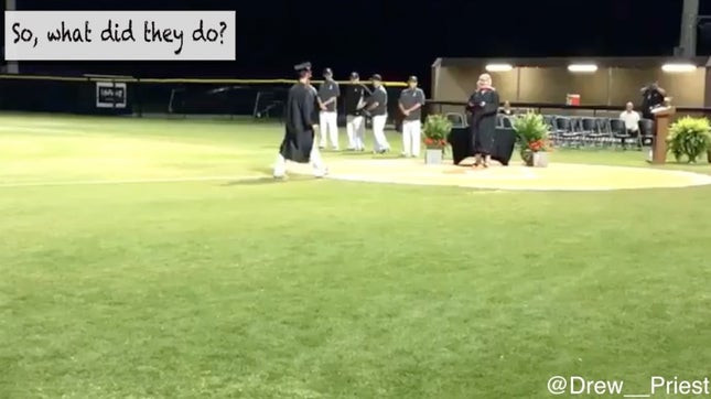 The Stewart's Creek (TN) varsity baseball team had a game the same day as their formal high school graduation. So, what would they do? Well, they held their own graduation on their baseball field after the game. Clever.