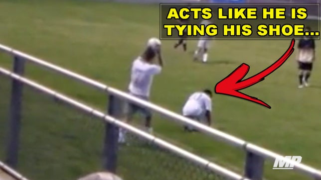 Don't know if we have ever seen this one before. The Cabell Midland (Ona, WV) soccer team draws up one of the wildest trick plays. While his teammate acts like he is tying his shoe, Hogan Carter tosses it off his back and then bends the shot in for the goal.