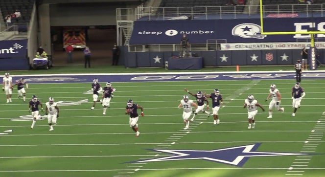 Denton Ryan's (TX) 5-star athlete Ja'Tavion Sanders shows why he is one of the top rated players in the country with this one-handed pick-six he takes back to the house from 70 yards.