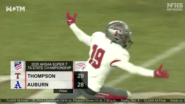 Highlights of the final minute of No. 6 Thompson's 29-28 win over Auburn in the Alabama 7A state championship. The defending state champs scored 10 points in the final 18 seconds in one of the craziest finishes of the year.