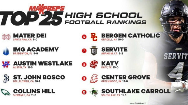 Zack Poff and Steve Montoya join Amanda Guerra on CBS HQ to break down this week's MaxPreps Top 25 high school football rankings and preview some of the big matchups coming up this week. Four Top 25 matchups are on tap this week, No. 1 Mater Dei (Santa Ana, CA) at No. 11 Centennial (Corona, CA), No. 2 IMG Academy (Bradenton, FL) vs. No. 15 St. Frances Academy (Baltimore, MD), No. 4 St. John Bosco (Bellflower, CA) vs. No. 7 Servite (Anaheim, CA) and No. 18 Hoover (AL) vs. No. 24 Thompson (Alabaster, AL).