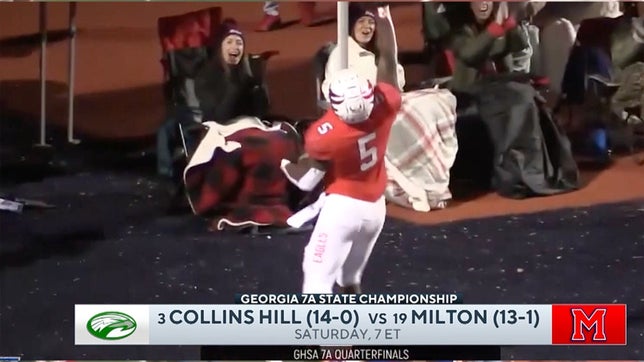 Two nationally ranked teams face off in the Georgia 7A state championship as No. 3 Collins Hill faces No. 19 Milton Saturday, 7 p.m. ET at Center Parc Stadium (Georgia State)