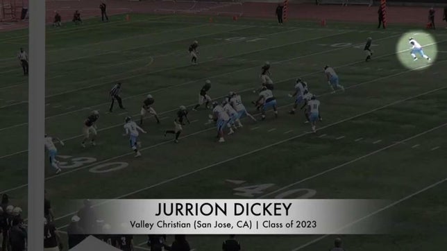 Junior season highlights of Valley Christian's (San Jose, CA) 4-star athlete Jurrion Dickey. He was selected to the MaxPreps Junior All-America team after hauling in 78 receptions for 1,304 yards and 19 touchdowns to go with four interceptions on defense.