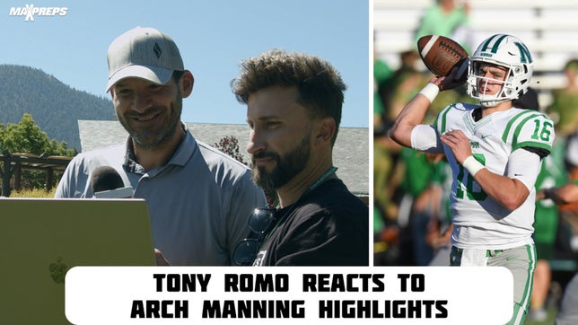 Tony Romo reacts to Arch Manning highlights ahead of his win at the American Century Championship in Lake Tahoe.