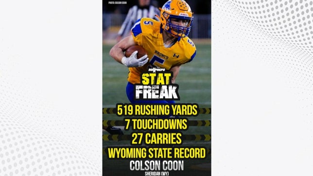 Highlights of Sheridan's (WY) Colson Coon breaking the state record rushing for 517 yards in a 63-42 win over Central (Cheyenne, WY) in the 4A state semifinals.
