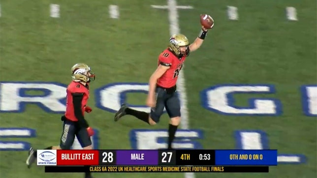 Highlights of Travis Egan leading Bullitt East (Mt. Washington) to a 28-27 win over Male (Louisville) in the Kentucky 6A state championship. Egan threw for four touchdowns and caught the game-winning two-point conversion.