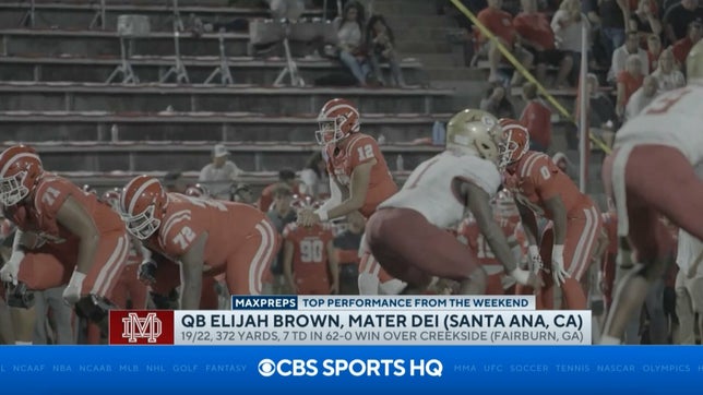 MaxPreps National Football Editor Zack Poff joins Jeremy St. Louis on CBS HQ to take a look at Mater Dei's (Santa Ana, CA) Elijah Brown big performance last week in a 62-0 win over Creekside (Fairburn, GA). He completed 19 of 22 passes for 372 yards and seven touchdowns.