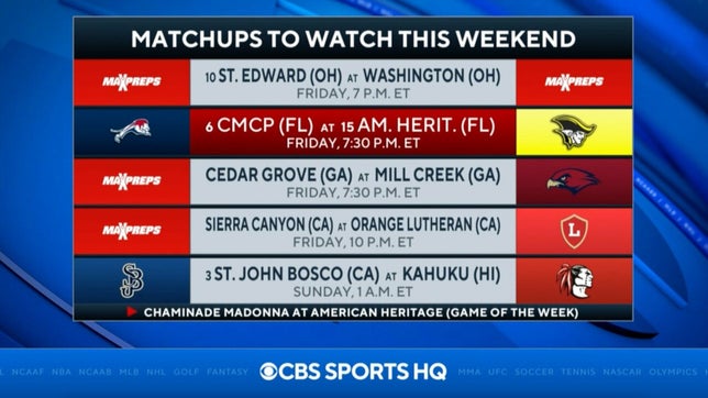 Zack Poff joins Tommy Tran on CBS HQ to break down the MaxPreps Game of the Week as No. 15 American Heritage (Plantation, FL) hosts No. 6 Chamiande-Madonna (Hollywood, FL).