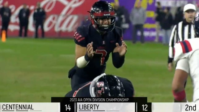 Highlights of Liberty's (Peoria, AZ) 33-21 win over Centennial (Peoria, AZ) in the Arizona Open Division state championship. Navi Bruzon threw for 174 yards and two touchdowns to go with 110 yards rushing and another score.