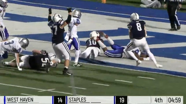 Highlights of Staples (Westport, CT) 21-20 win over West Haven (CT) in the Class LL state championship. Senior quarterback Caleb Smith finished 84 yards passing to go with 18 carries for 97 yards and three touchdowns.