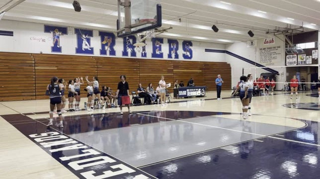 Junior Libero serves an ace against Hemet to win the home opener in three straight sets.  Also on the court are Devi Lucas, Jocelyn McNairy, Lauren Reiter, Natallia Caravia and Saniyah Sobers
