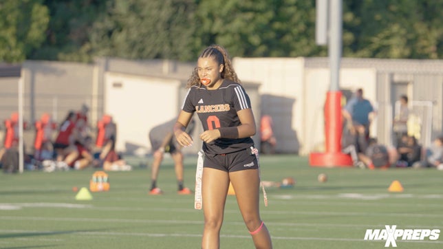 Orange Lutheran (Orange, CA) girls flag football team improves to 18-0 with a 20-13 victory over Trinity League rival Santa Margarita (Rancho Santa Margarita, CA).
