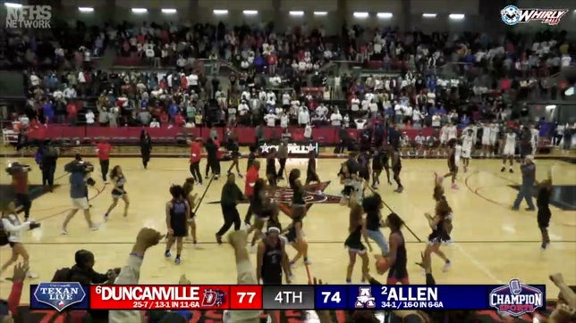 Highlights of Duncanville's (TX) 77-74 win over No. 8 Allen (TX) in the UIL Texas 6A Division 1 semifinals. Four-star TCU commit Kayden Edwards scored 15 points while four-star sophomore point guard Beckham Black added 19 points to snap Allen's 26-game win streak.