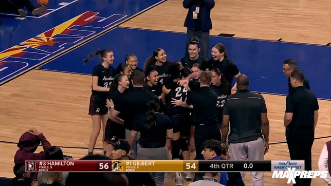 The Hamilton huskies (Chandler, AZ) girls varsity basketball team pull of the huge overtime win 56-54 vs. Gilbert Tigers (Gilbert, AZ). Isabella Ivy hit 4 3-pointers in final 1:30 for Gilbert, including a half court buzzer beater to send game to overtime but Aaliyah Van Heel secured the huskies win with the last shot to become Arizona's 2025 6A state champions.