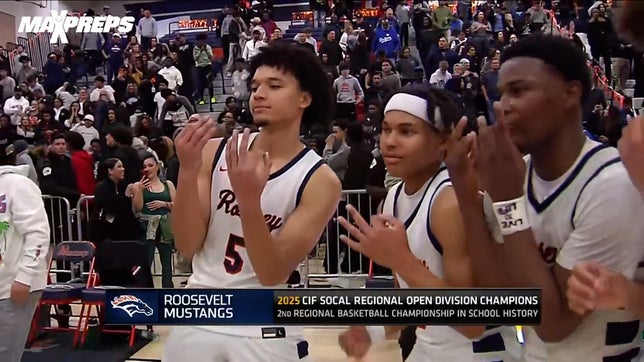 Highlights of Roosevelt's (Eastvale, CA) 79-76 win over Notre Dame (Sherman Oaks, CA). 5-star guard Brayden Burries poured in 37 points to advance the Mustangs to the CIF Open Division State Championship.
