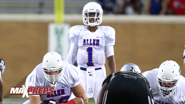 http://www.maxpreps.com/games/football-fall-14/allen-vs-keller-central/11-15-2014-n1S6bVj560qoWxFkqDtXLg.htm

5-Star QB Kyler Murray led Allen to their 38th consecutive win in a 59-21 win opening round 6A D1 playoff game against Keller Central. He completed 29 of 34 passes for 417 yards and 4 touchdowns.