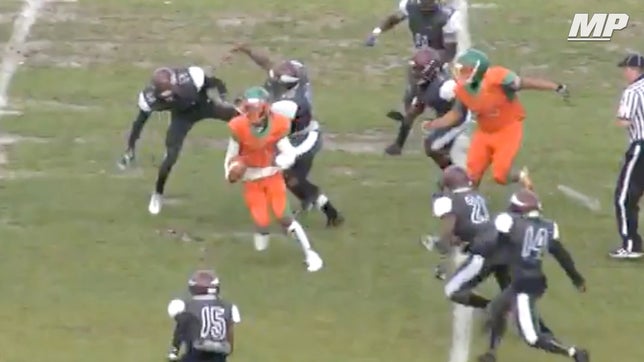 Blanche Ely's (FL) Yanez Rogers jukes seven defenders on his way for a 67-yard touchdown run in a spring game vs. Miami Norland.