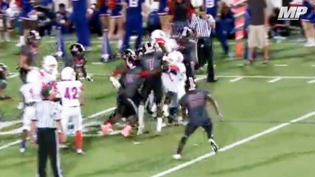 Bartow's (FL) L.J. Cummings picks up the botched snap on a punt at his own 1-yard line and breaks through a few tackles and Ja'Ron Kilpatrick smartly takes it from him in a scrum and races down the sideline to complete the 99-yard touchdown.