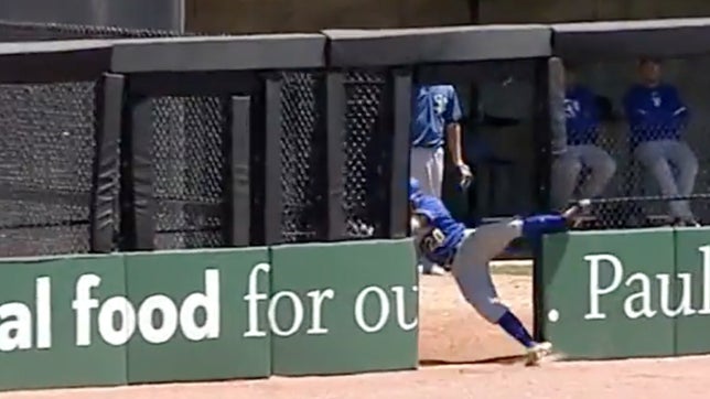 Former Weatherford High player Cameron Monger - now a Sioux Falls Canary - hangs on to this one through the fence in a game against the St. Paul Saints.