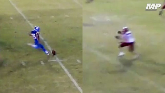Kelly Catholic's (TX) Adrian Medina kicks the ball directly off the opponent's helmet for a bizarre onside kick recovery.