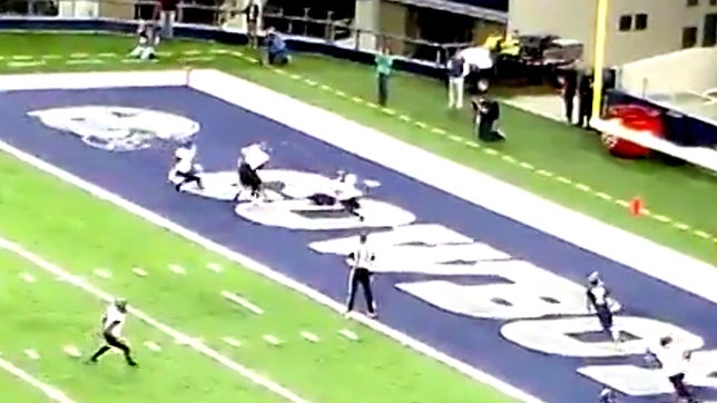 Lancaster's (TX) Jaymir Sparrow makes a nice interception in his own endzone and runs it back into his opponent's territory.