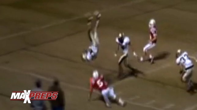 http://www.maxpreps.com/athlete/garryn-chowns/1NMjZPTlEeKZ5AAmVebBJg/gendersport/football-stats.htm

Ouachita Christian's (LA) Garryn Chowns picks off Central Catholic's (LA) QB and takes it 41-yards back to the house as he flips into the endzone and sticks the landing!
