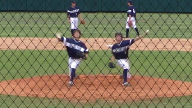 Brandon Garza of College Park (The Woodlands, TX) is not just any ordinary pitcher. Garza throws both right-handed and left-handed from the mound--a switch pitcher. In this particular game, Garza throws a complete game shutout, all while featuring his unique and ambidextrous talent.