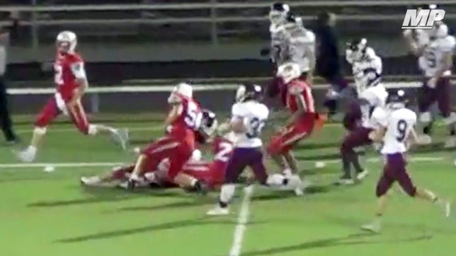 Central Square's (NY) Dante Rogers takes this interception back to the house after staying on top of the would-be tacklers for the 90-yard pick six.