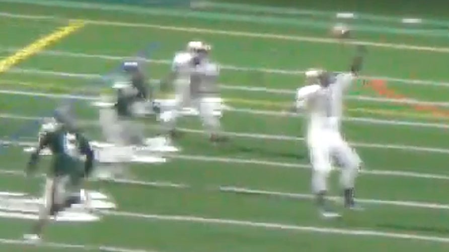 Anthony Fish of New Milford (CT) does a nice lateral to teammate Kendall Greene off a deflection for TD.