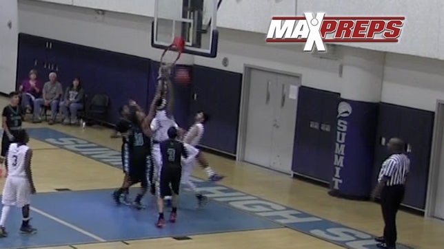 Darrion Willies of Summit HS (CA) breaks the rim on a follow dunk attempt.