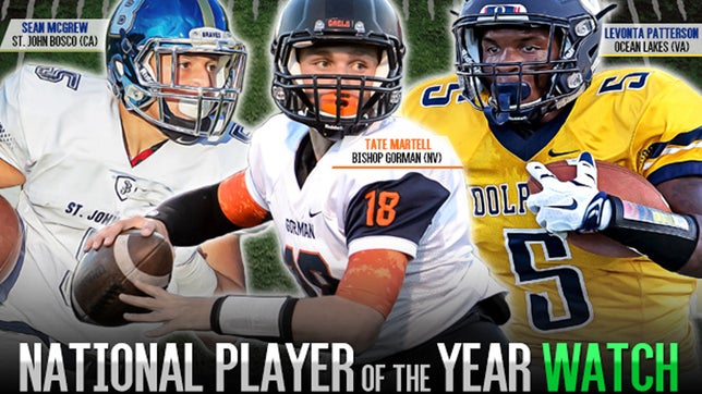 Tate Martell (Bishop Gorman, NV), Shea Patterson (IMG Academy, FL), Nick Bosa (St. Thomas Aquinas, FL), LeVonta Taylor (Ocean Lakes, VA), and Sean McGrew (St. John Bosco, CA) are the five featured on this "Player of the Year" watch list video.