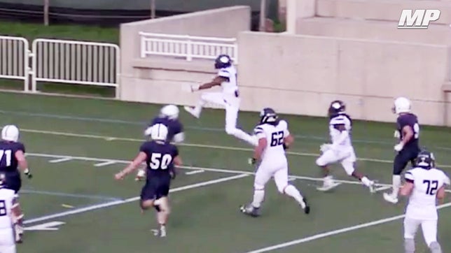 Cheshire Academy's (CT) 3-star defensive back Brandon Sebastian makes a nice interception then takes it down the sideline and leaps over a defender to cap off the 46-yard pick-six.
