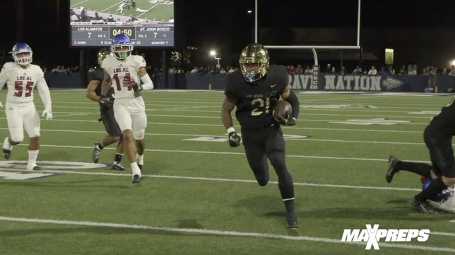 Highlights of No. 4 St. John Bosco's (Bellflower, CA) 63-38 win over Los Alamitos (CA) in the opening round of the CIF Southern Section Division 1 playoffs. The Braves rushed for 588 yards as Rayshon "Speedy" Luke (249 yards, 3 touchdowns), Jabari Bates (194 yards, 2 touchdowns) and Michael Hayes (140, 1 touchdown) all eclipsed the century mark on the ground.