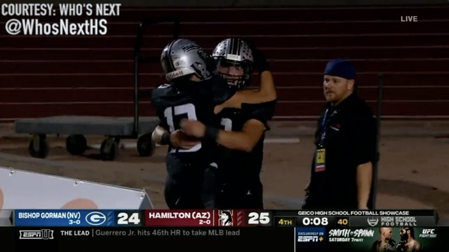 Highlights of Hamilton's (AZ) wild comeback against No. 7 Bishop Gorman (NV) to pull off the 25-24 win. Hamilton was trailing 24-7 with just over a minute left then scored the games final 18 points after a field, onside kick, touchdown, onside kick, touchdown and the game-winning two-point conversion in the final 1:05. Video courtesy of Who's Next (@WhosNextHS).