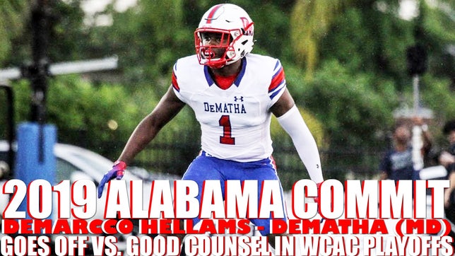 DeMatha's (MD) 4-star safety DeMarcco Hellams put on a show in their 30-14 win over Good Counsel (MD). He had over 100 yards receiving with two touchdowns, two interceptions, and a blocked punt that resulted in a safety.