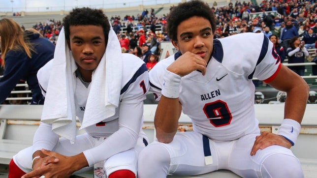 Highlights of the Arizona Cardinals' Kyler Murray and the Los Angeles Chargers' Jalen Guyton during their senior season at Allen High School (TX) in 2014. Murray finished that season with 4,715 yards passing and 54 touchdowns to go with 1,498 yards rushing and 24 TDs. Guyton had 74 receptions for 1,605 yards and 16 scores. Allen finished that season as the MaxPreps National Champions after going 16-0 and winning its third consecutive state title.