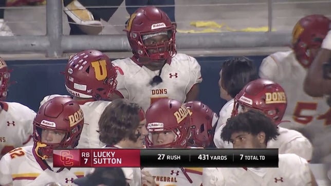 Highlights of Cathedral Catholic's (San Diego) 71-62 win over Orange Lutheran (Orange) in the Southern California Regional Division 1-AA Championship. It was the highest scoring CIF regional final and Cathedral Catholic's three-star running back Lucky Sutton finished the night with 27 carries for 431 yards and seven total touchdowns (6 rushing, 1 receiving).