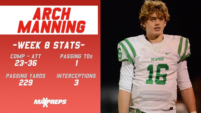 The nephew of Super Bowl winning quarterbacks Peyton and Eli completed 23 of 36 passes for 229 yards and one touchdown as his team improved to 8-0 to secure the top Division III seed heading into the Louisiana High School Athletic Association playoffs. It was the program's fifth unbeaten regular season in school history.
