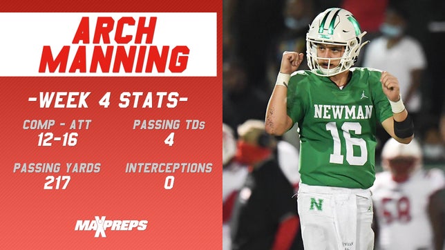 It was a short, but effective night Friday for Arch Manning. The nephew of Super Bowl-winning quarterbacks of Peyton and Eli Manning threw for 217 yards and four touchdowns in just over one half of play, leading unbeaten Newman (New Orleans) to a 48-0 win over St. Thomas Aquinas (Hammond).