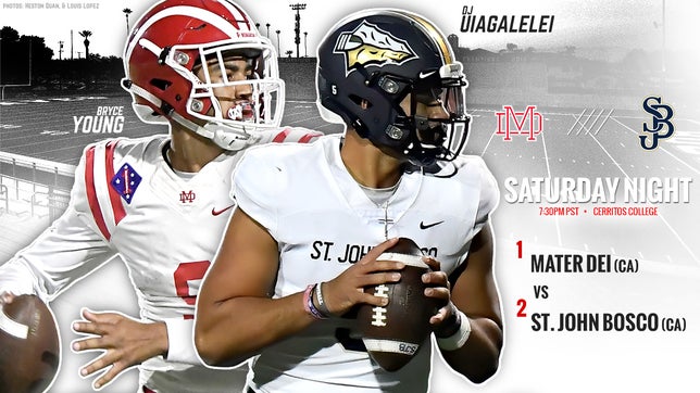 No. 1 Mater Dei (CA) vs. No. 2 St. John Bosco (CA) leads this week's Top 15 games. There are two other Top 25 matchups that feature No. 7 Katy (TX) and No. 8 North Shore (TX) along with No. 15 McEachern (GA) vs. No. 24 North Gwinnett (GA).
