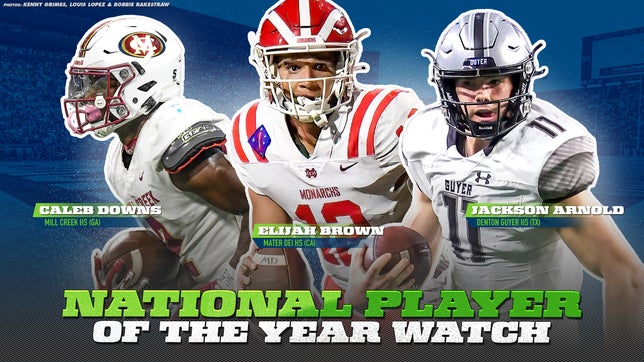 A closer look at the 10 players featured on the initial list in the mix to be named the MaxPreps National Football Player of the Year at the end of the season. Micah Alejado, Jackson Arnold, Rueben Bain, CJ Baxter, Elijah Brown, Caleb Downs, Justice Haynes, Brandon Inniss, Avery Johnson and Dashawn Womack are all featured.