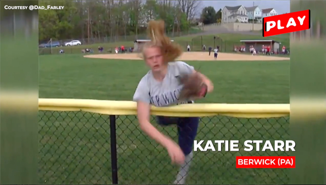 Berwick (PA) sophomore Katie Starr hits the fence at full speed and still makes the catch.  Solid shot by Crestwood senior Haley Naperkowski. Video courtesy of @Dad_Farley